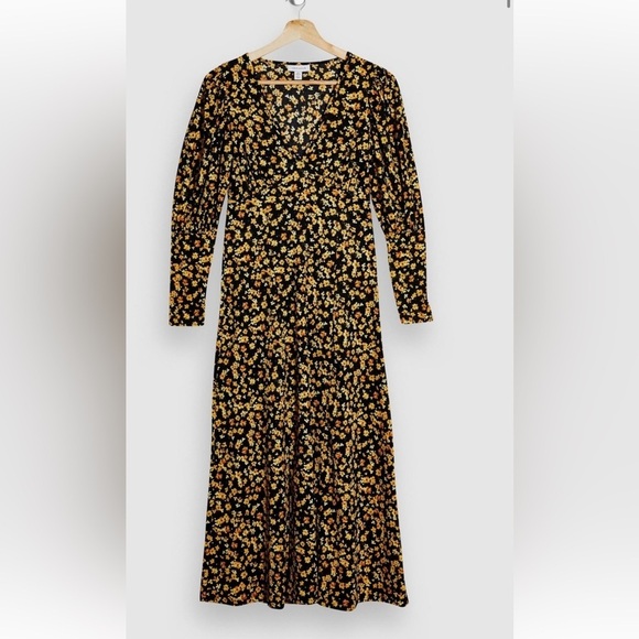 TOPSHOP V-Neck Floral Textured Midi Dress Long Sleeve Sun Dress Slits Puff NWT - Picture 5 of 13